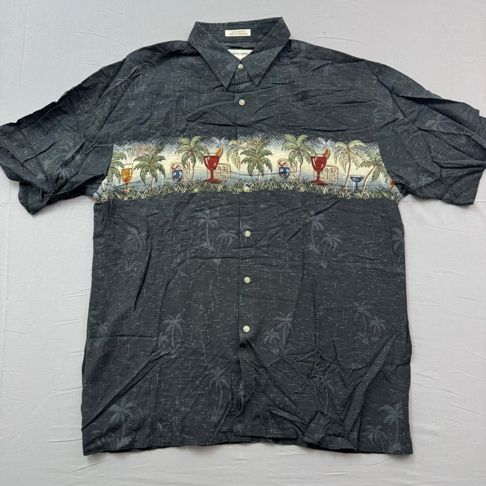 Pierre Cardin Mens Large Black Rayon Tropical Cocktail Palm Tree Hawaiian Shirt